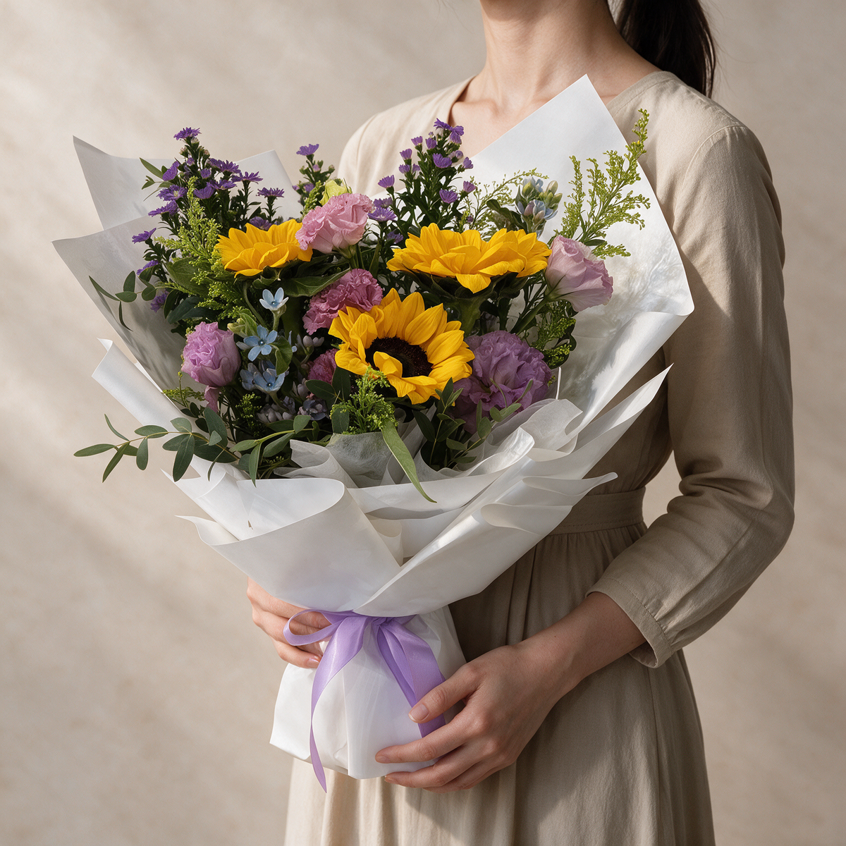 Woman holding the Bright Future fresh flower bouquet of sunflowers