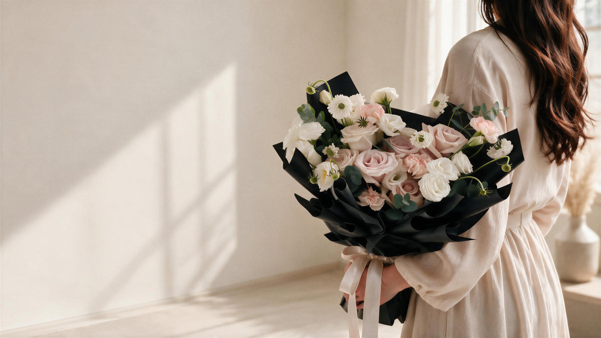 Fresh flowers: a woman holding a bouquet of pink roses and white eustoma in black wrap
