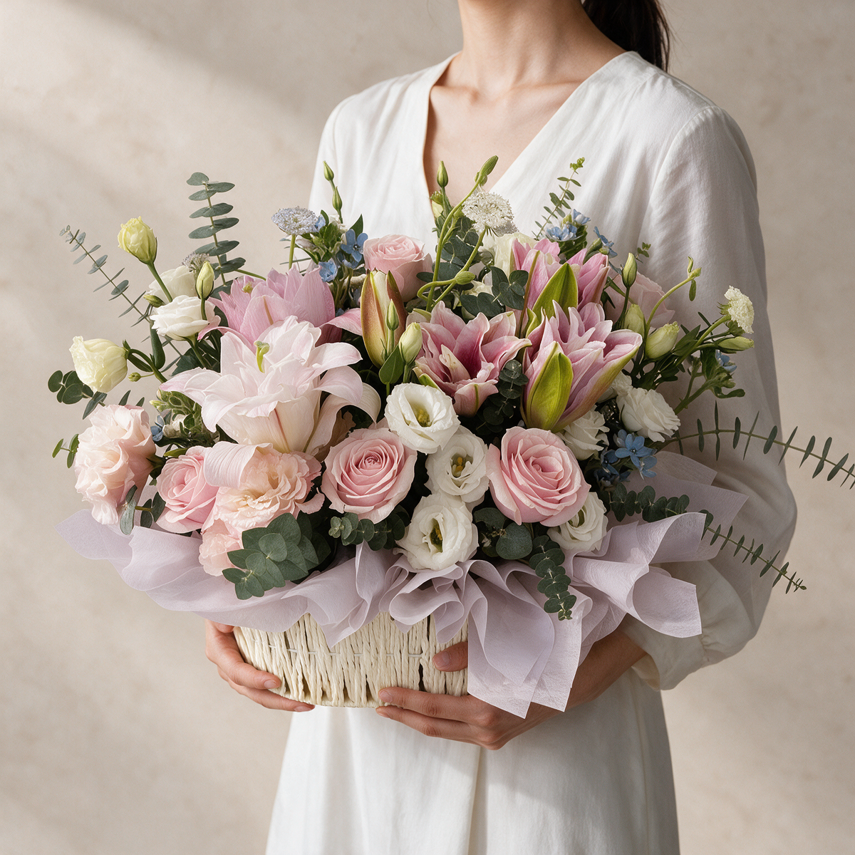 Get well soon flowers: a woman holding a pink rose and lily flower basket