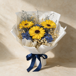 Adore soap flower bouquet of three sunflowers with blue hydrangea, baby’s breath and caspia in white wrap