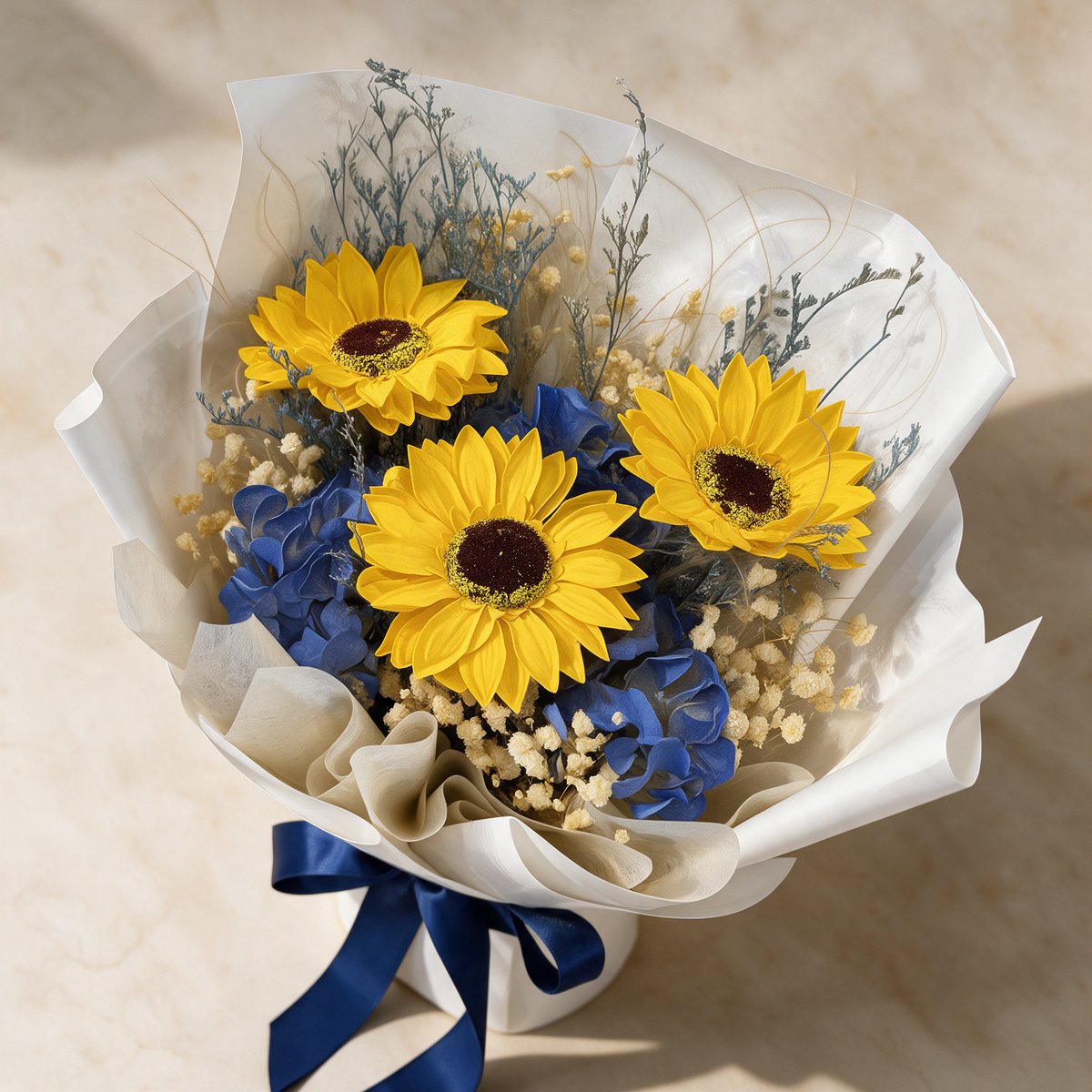 Top view of the Adore soap flower bouquet of three sunflowers with blue hydrangea, baby’s breath and caspia