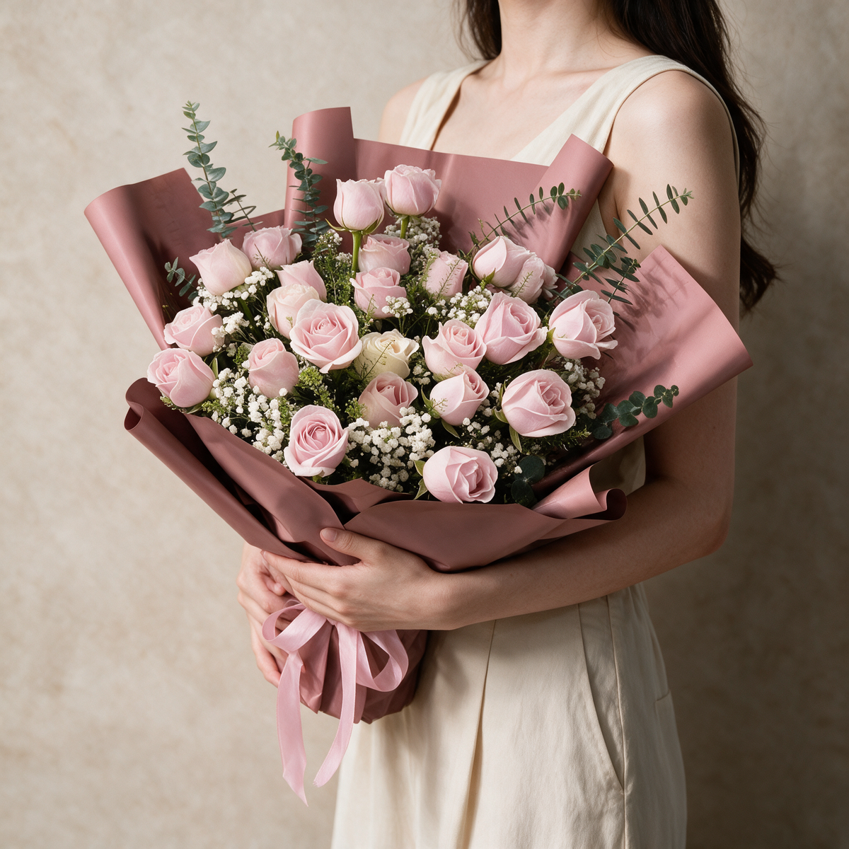 Woman holding the Amour fresh flower bouquet in dusty rose wrap