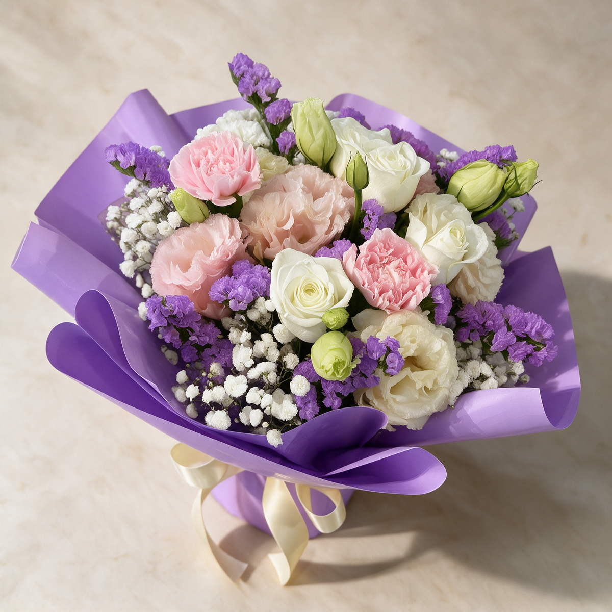 Top view of the Daydream fresh flower bouquet of three pink roses with carnations, eustoma, statice and baby’s breath