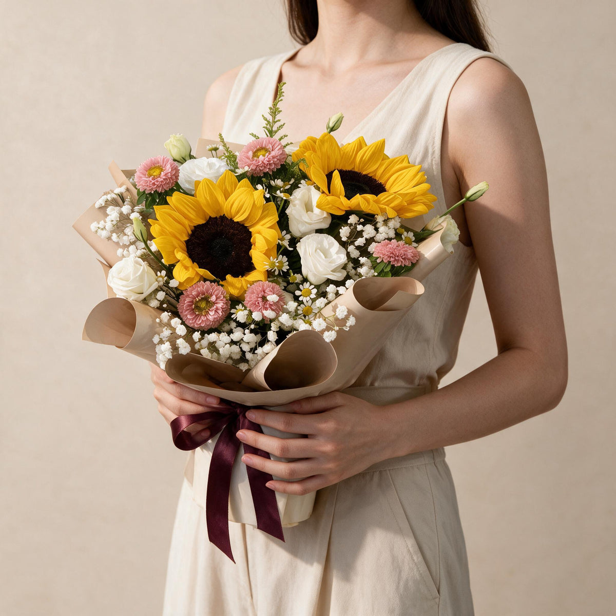 Woman holding the Dreamy Days fresh flower bouquet in kraft paper