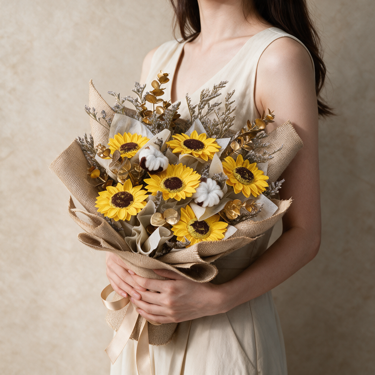 Woman holding the Endless Joy soap flower bouquet in kraft wrap