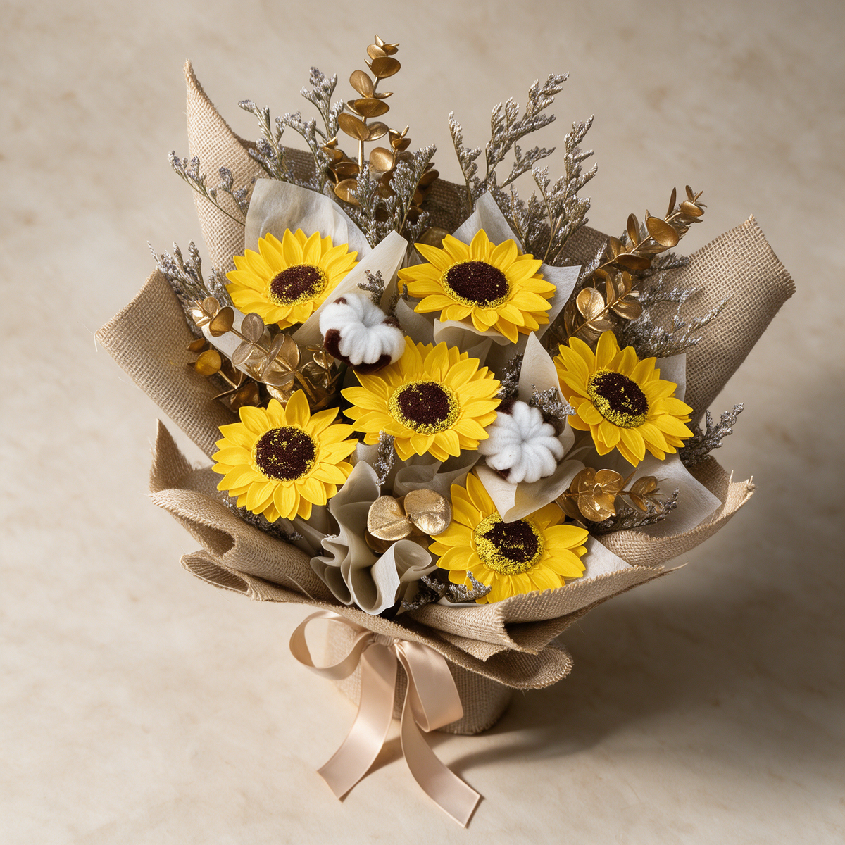 Top view of the Endless Joy soap flower bouquet of six sunflowers with cotton flowers, eucalyptus and caspia