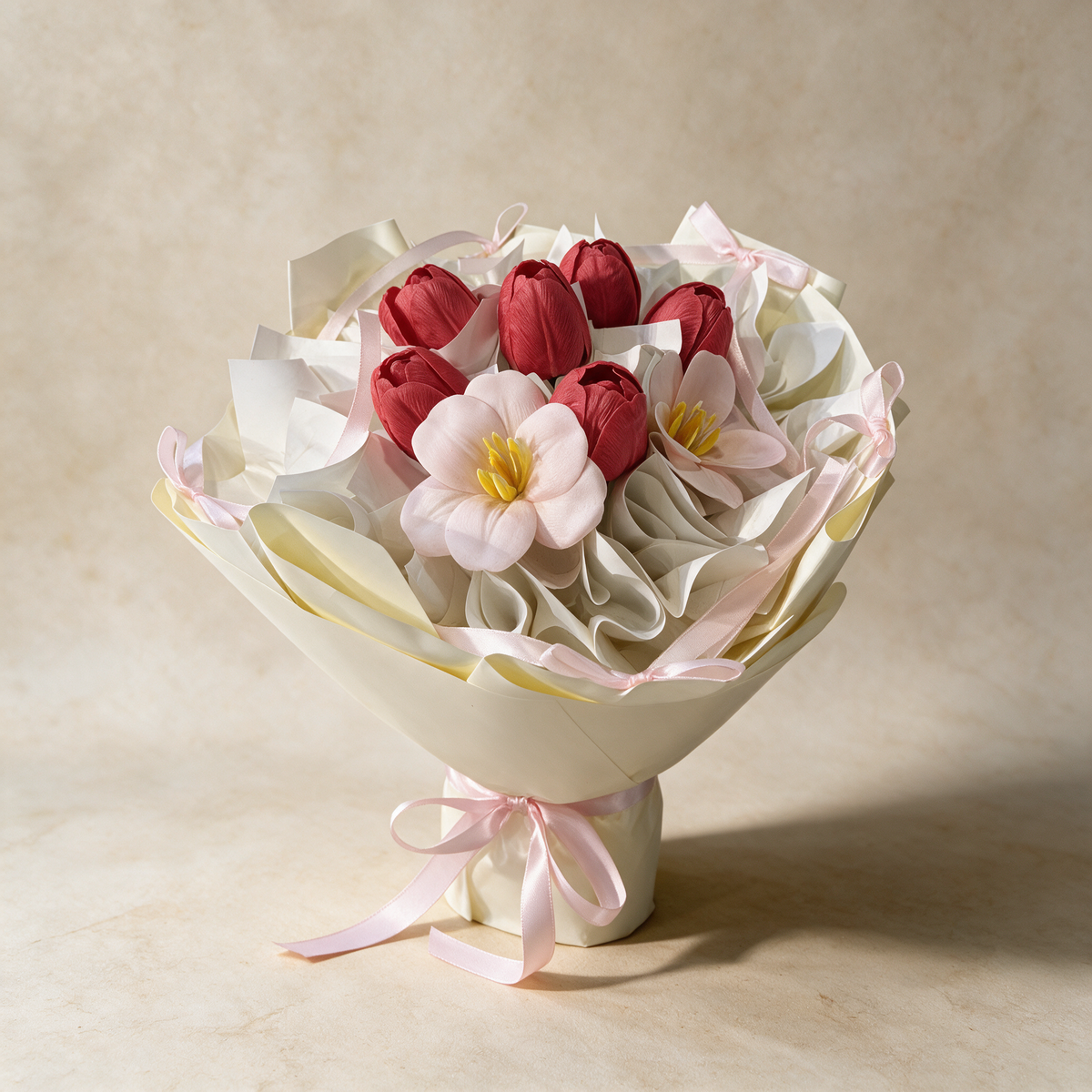 Forever Mine soap flower bouquet of nine red and blush pink tulips in white ruffled wrap