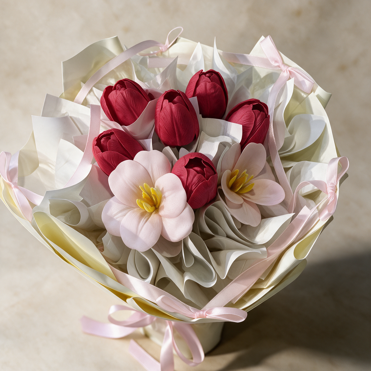 Top view of the Forever Mine soap flower bouquet of nine red and blush pink tulips