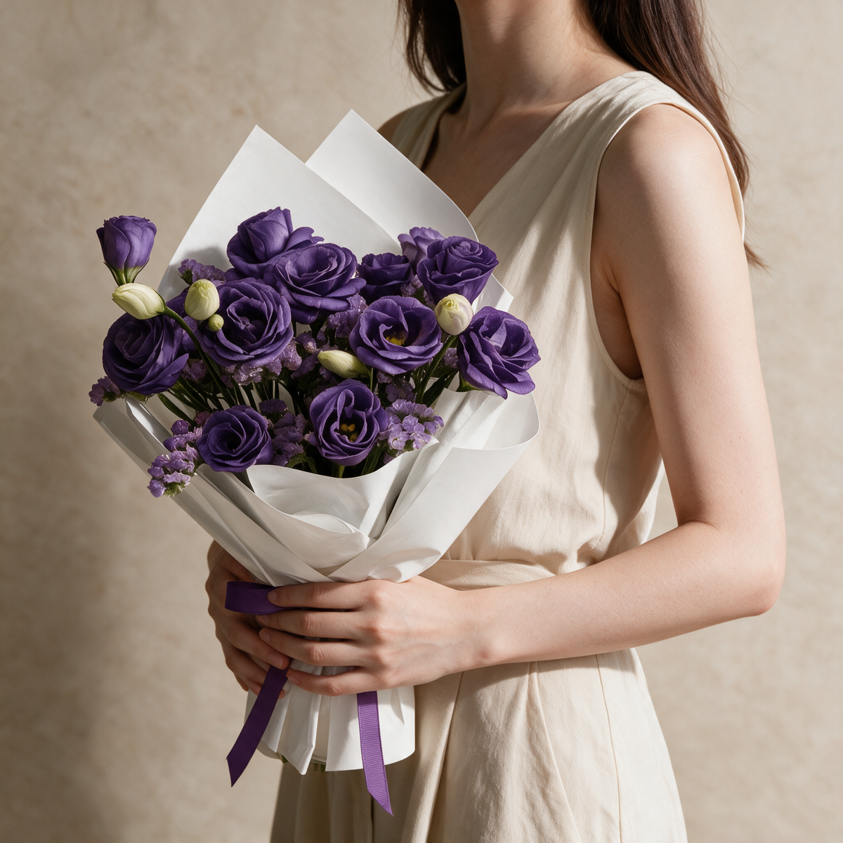 Woman holding the Heart Whisper fresh flower bouquet in white wrap