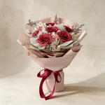 Love Spell soap flower bouquet of six red roses with pink hydrangea and caspia in blush pink wrap
