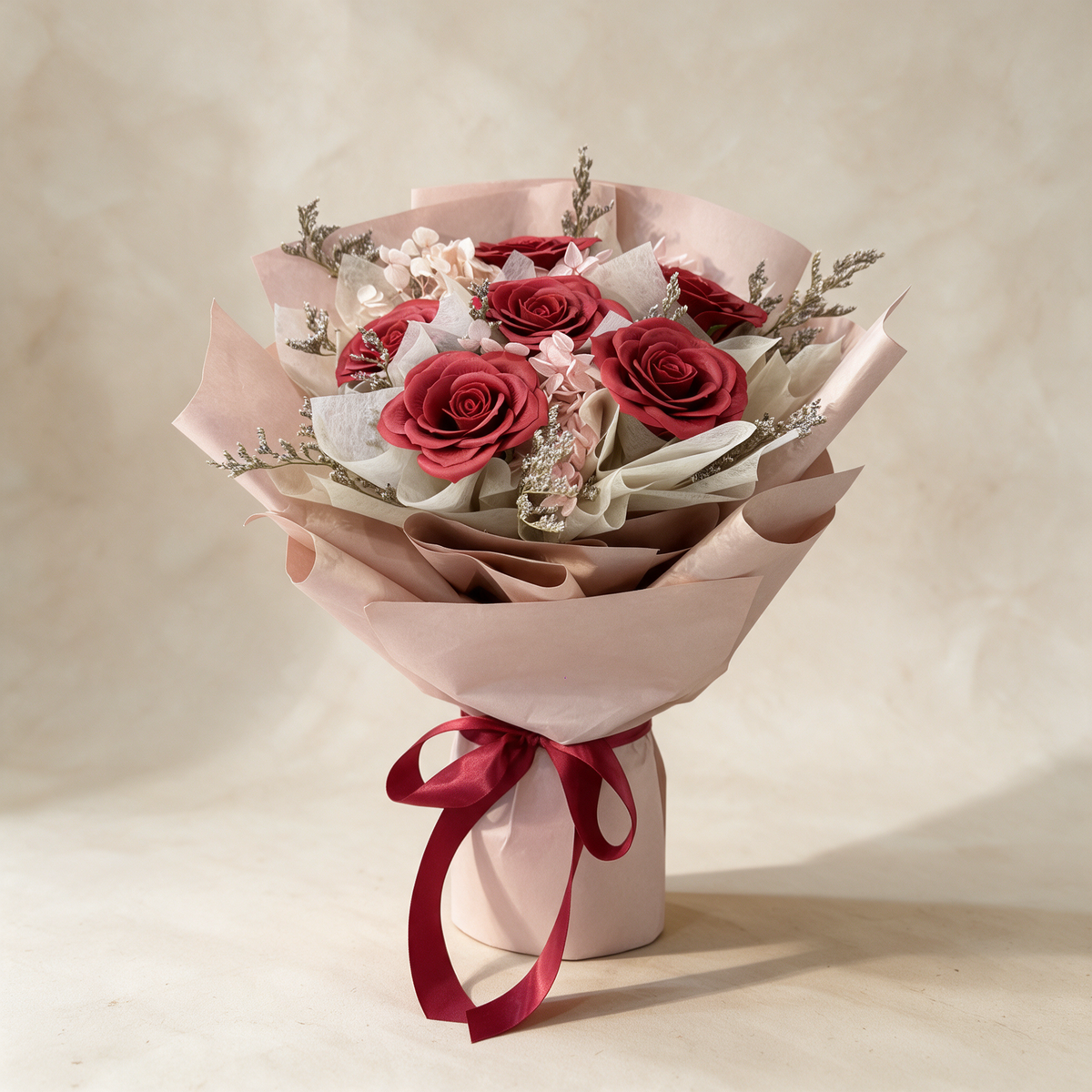 Love Spell soap flower bouquet of six red roses with pink hydrangea and caspia in blush pink wrap