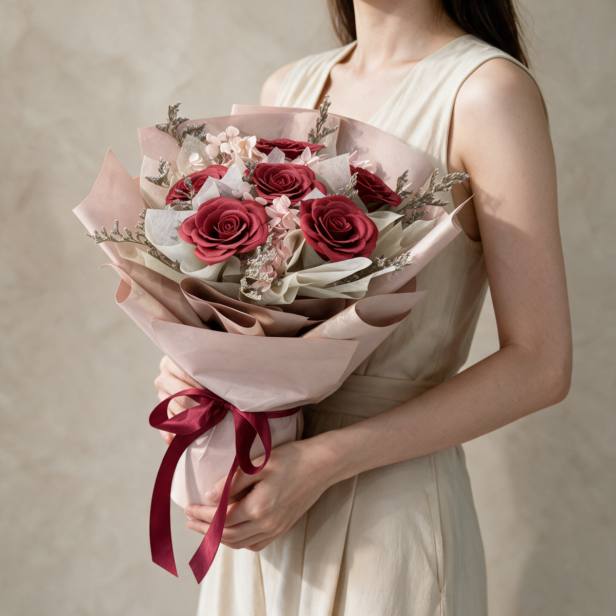 Woman holding the Love Spell soap flower bouquet in blush pink wrap