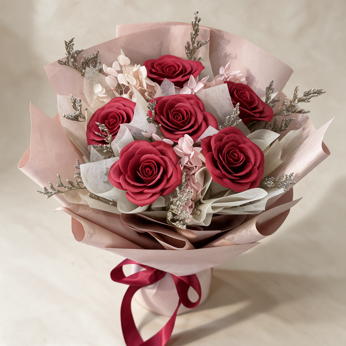 Top view of the Love Spell soap flower bouquet of six red roses with pink hydrangea and caspia
