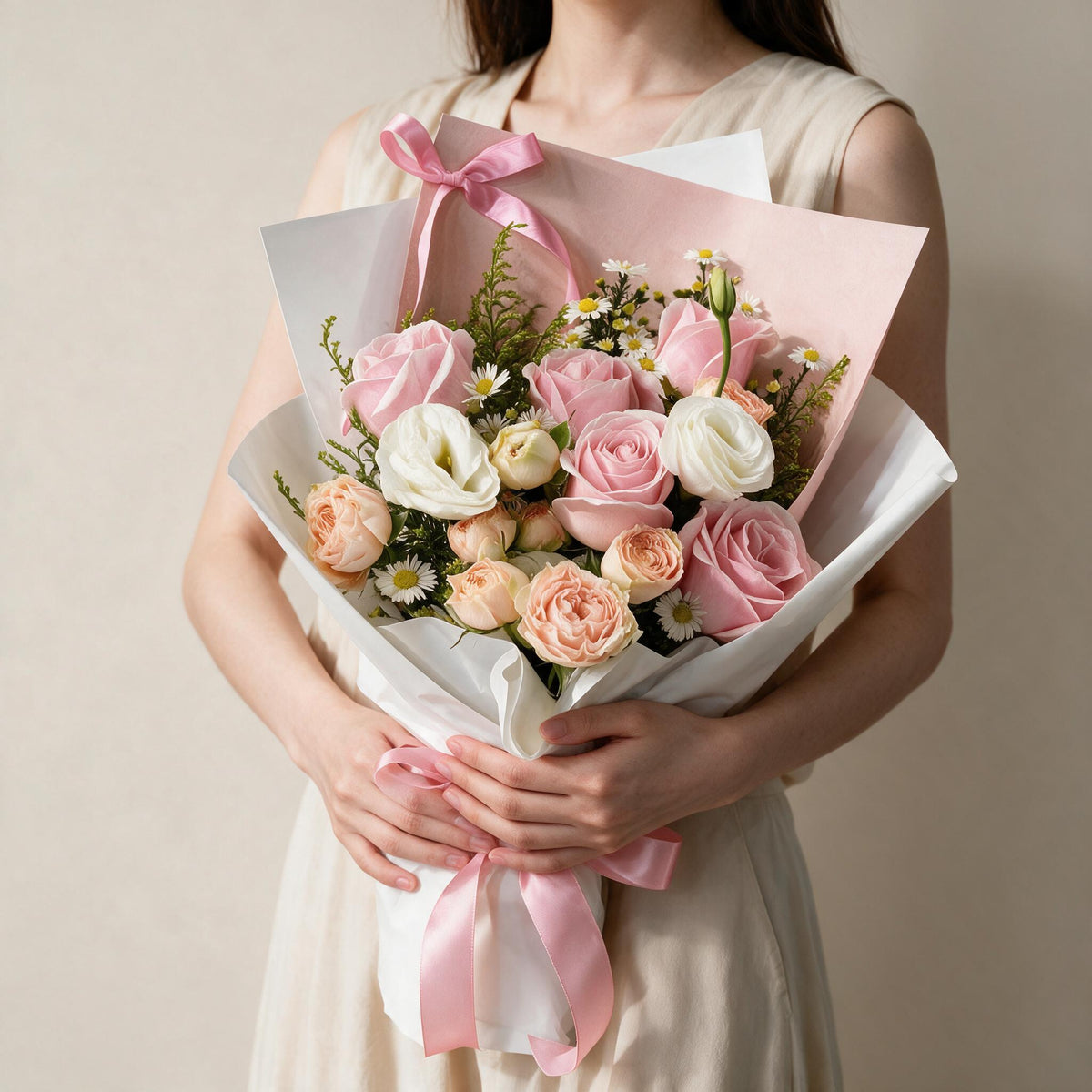 Woman holding the Pure Bliss fresh flower bouquet in pink and white wrap