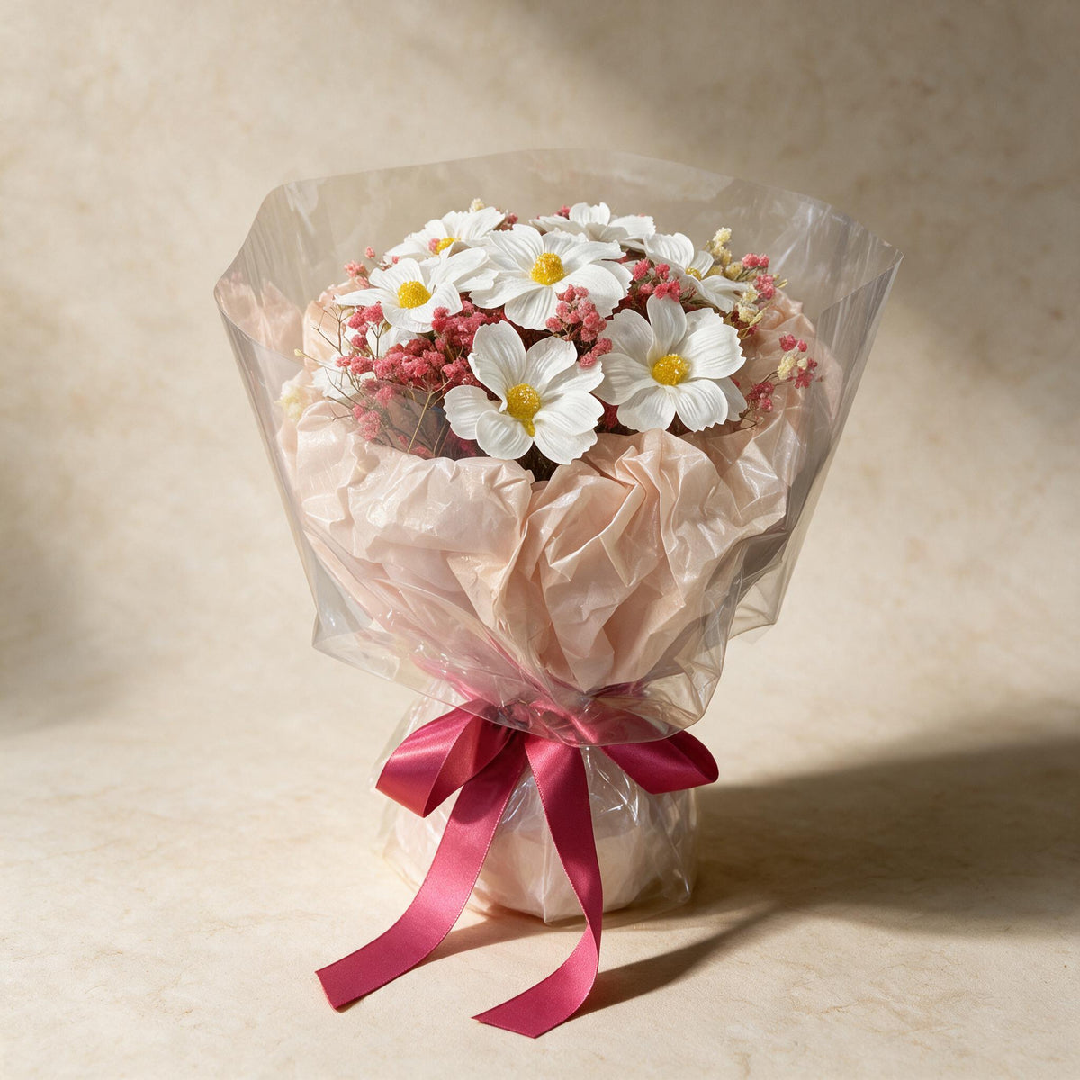 Sweet Promise soap flower bouquet of seven white cosmos with pink baby’s breath in sheer blush wrap
