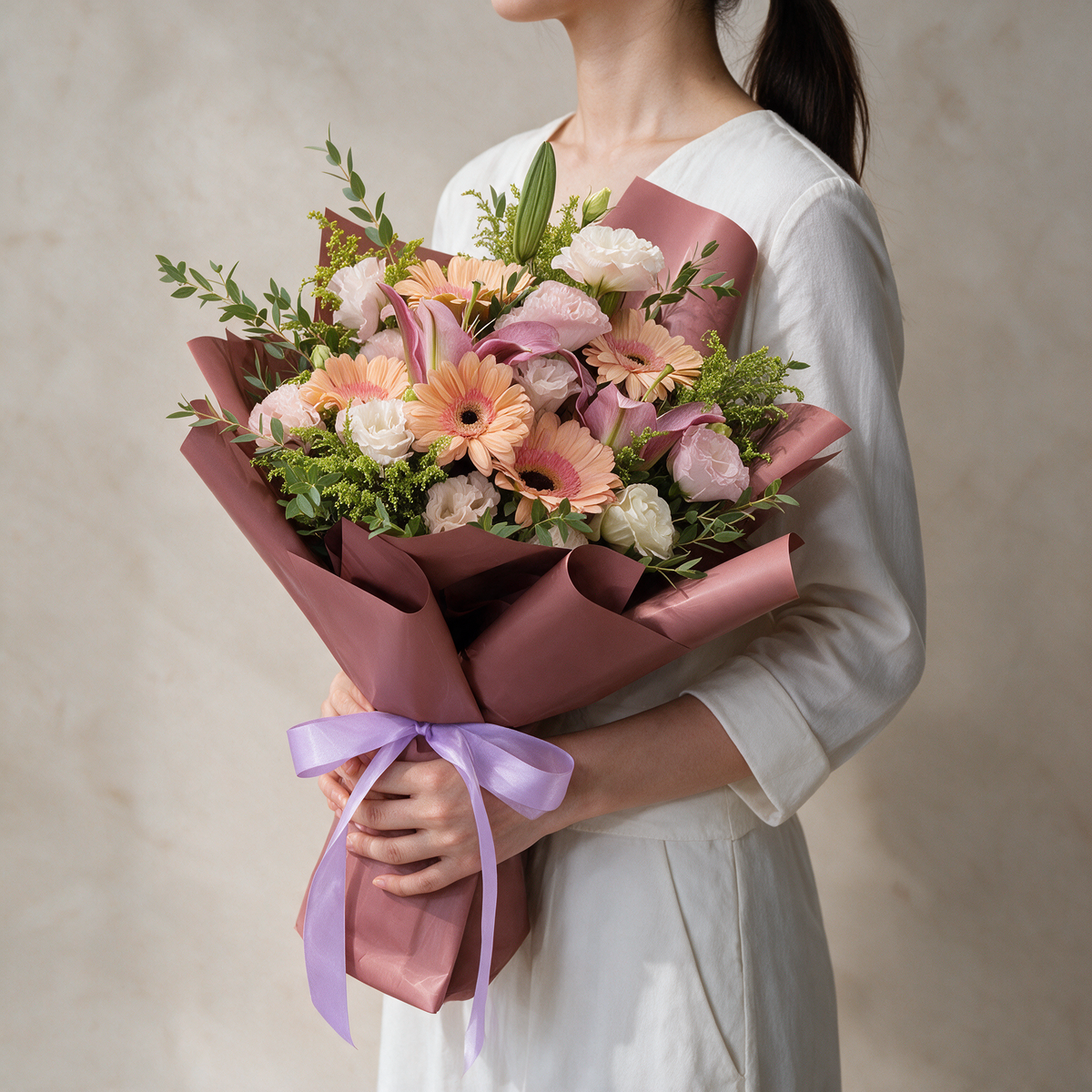 Woman holding the Belle fresh flower bouquet of peach gerberas