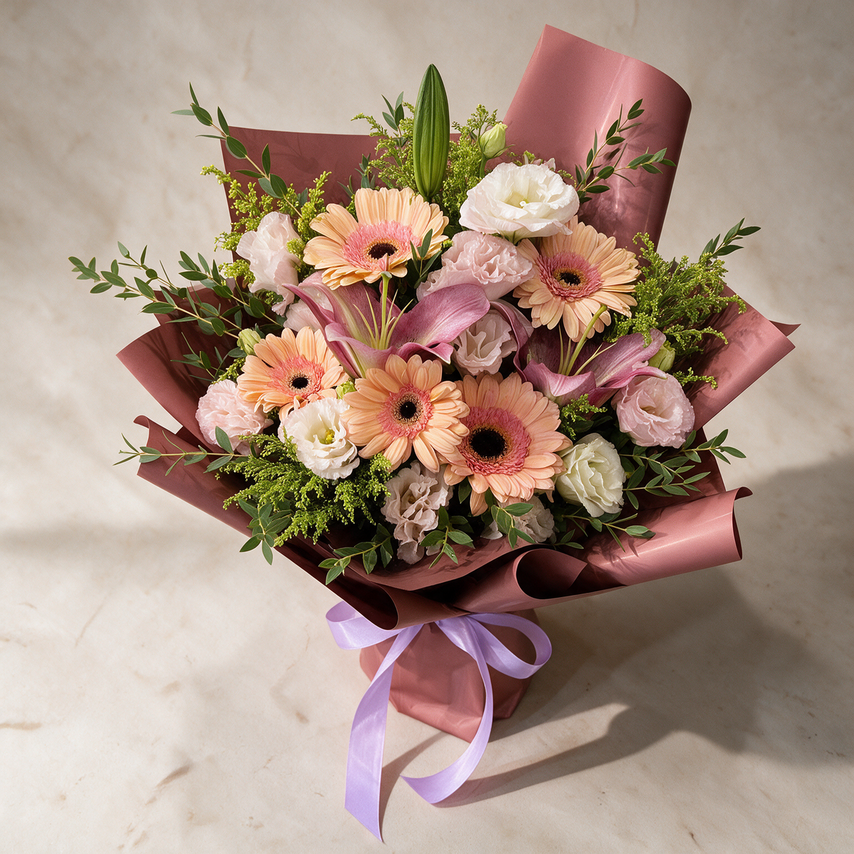 Top view of the Belle fresh flower bouquet of peach gerberas and pink lilies
