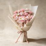 Blossom Kiss soap flower bouquet of pink roses, ranunculus and white cosmos