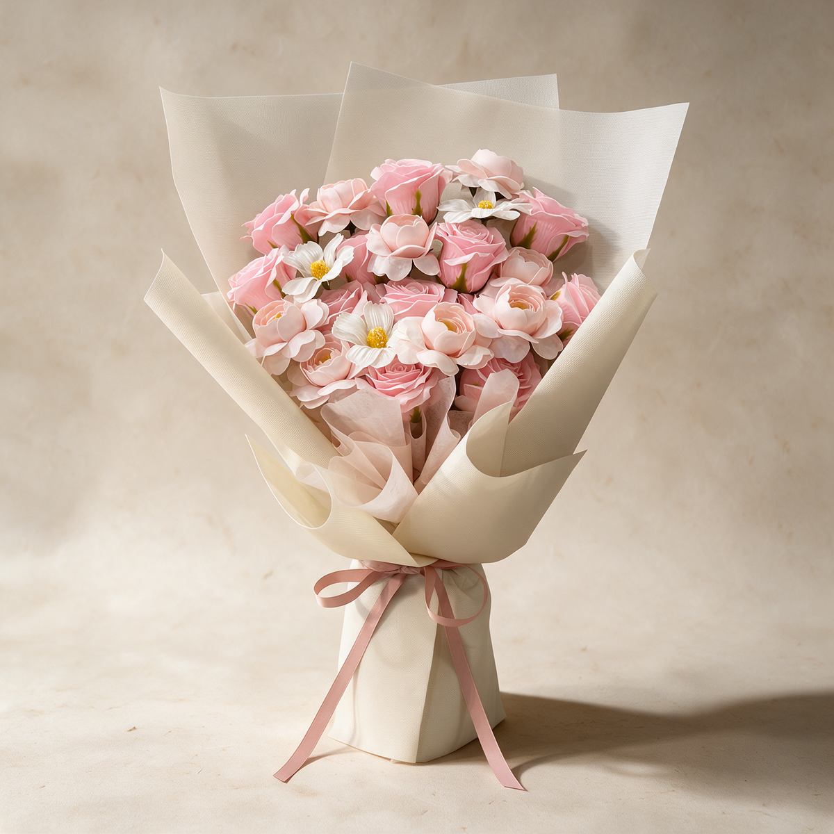 Blossom Kiss soap flower bouquet of pink roses, ranunculus and white cosmos