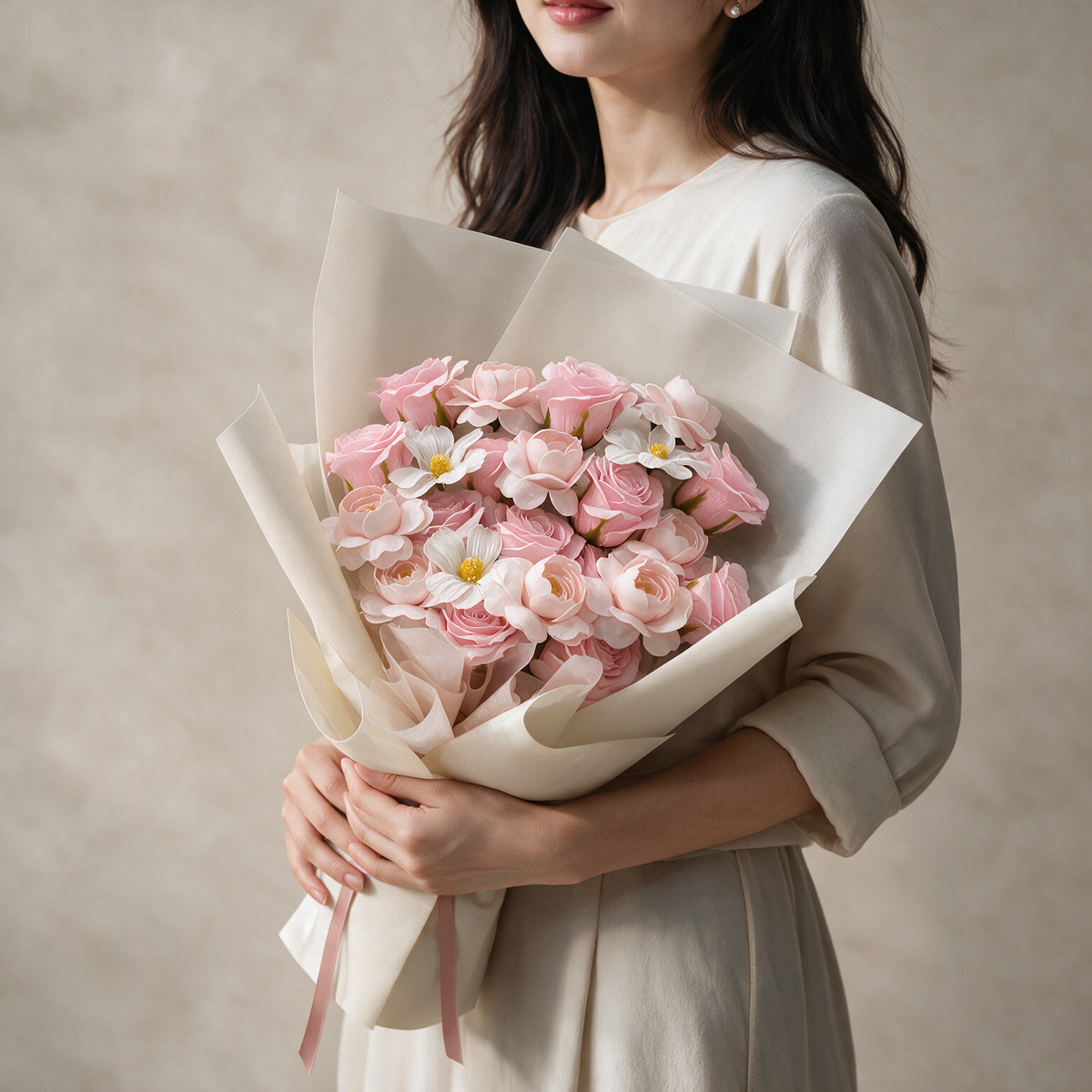 Woman holding the Blossom Kiss pink soap flower bouquet