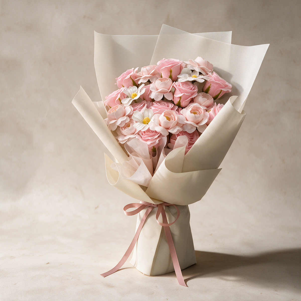 Side view of the Blossom Kiss soap flower bouquet of pink roses and ranunculus