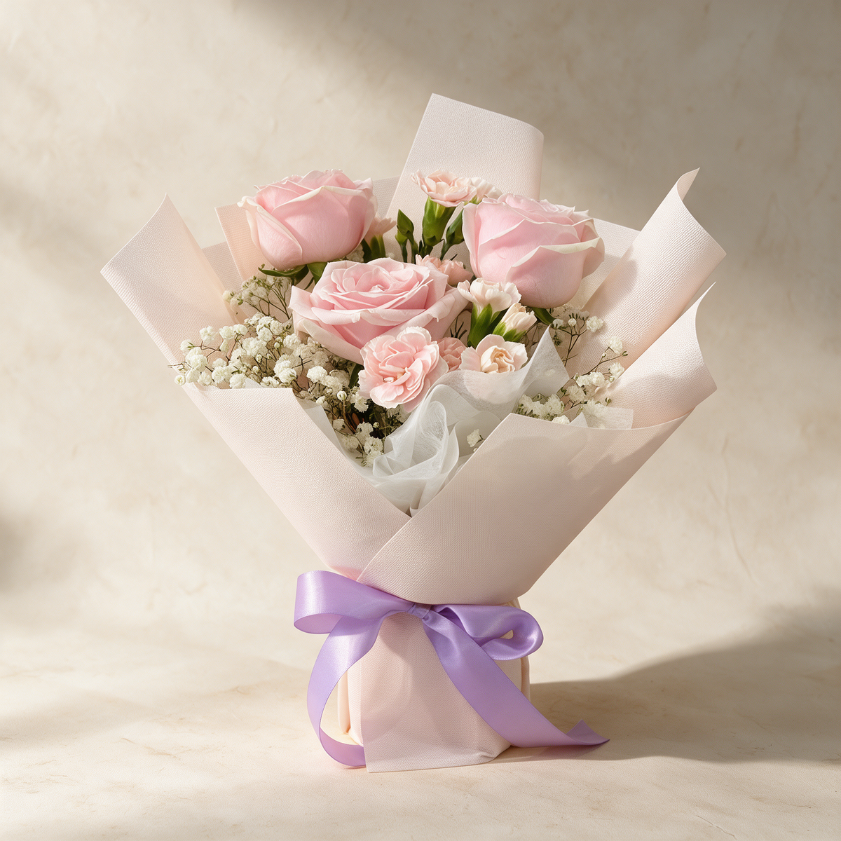 Blush fresh flower bouquet of three pink roses with spray carnations and baby’s breath
