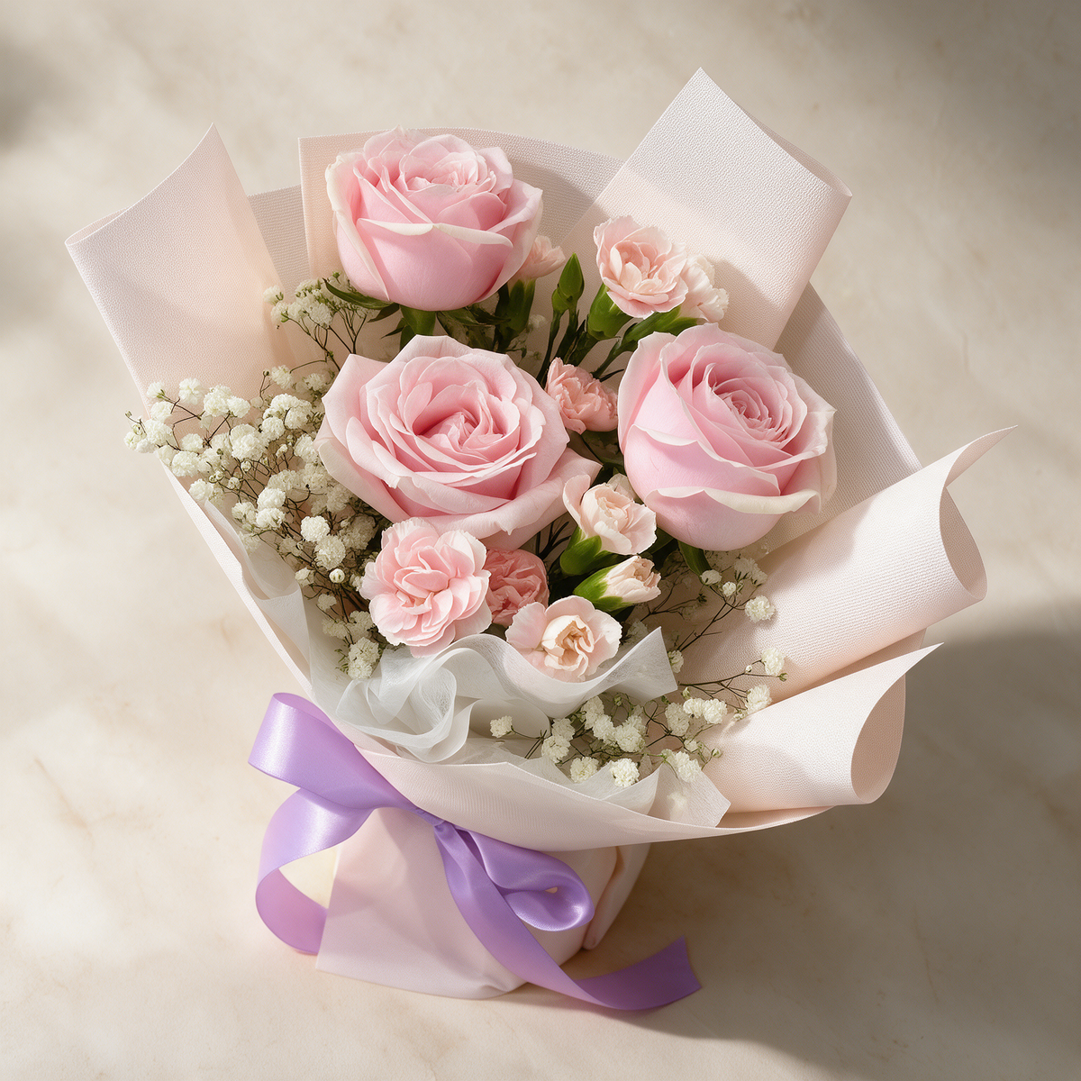 Top view of the Blush fresh flower bouquet of three pink roses with spray carnations