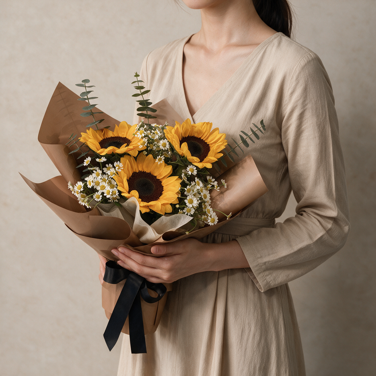 Woman holding the Bravo fresh sunflower graduation bouquet
