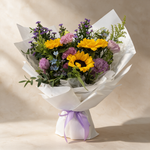 Bright Future fresh flower bouquet of three sunflowers with lilac eustoma, blue oxypetalum and purple peacock