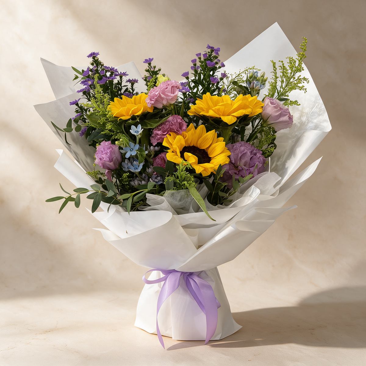Bright Future fresh flower bouquet of three sunflowers with lilac eustoma, blue oxypetalum and purple peacock