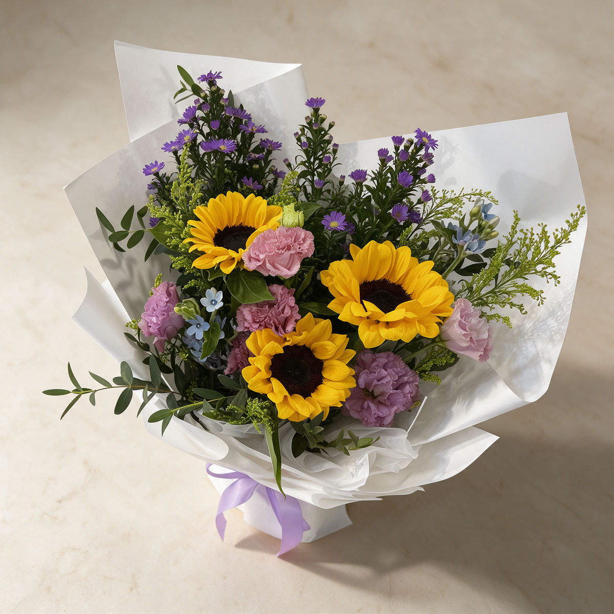 Top view of the Bright Future fresh flower bouquet of sunflowers and purple peacock flowers
