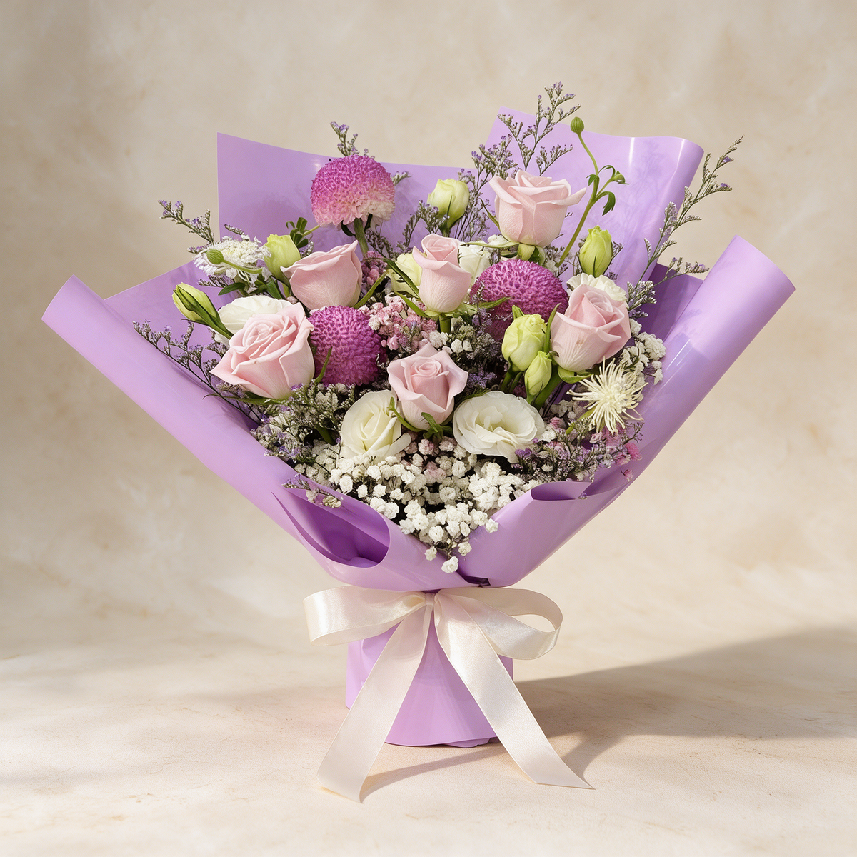 Enchanted fresh flower bouquet of pink roses, purple ping pong chrysanthemums, eustoma and baby’s breath