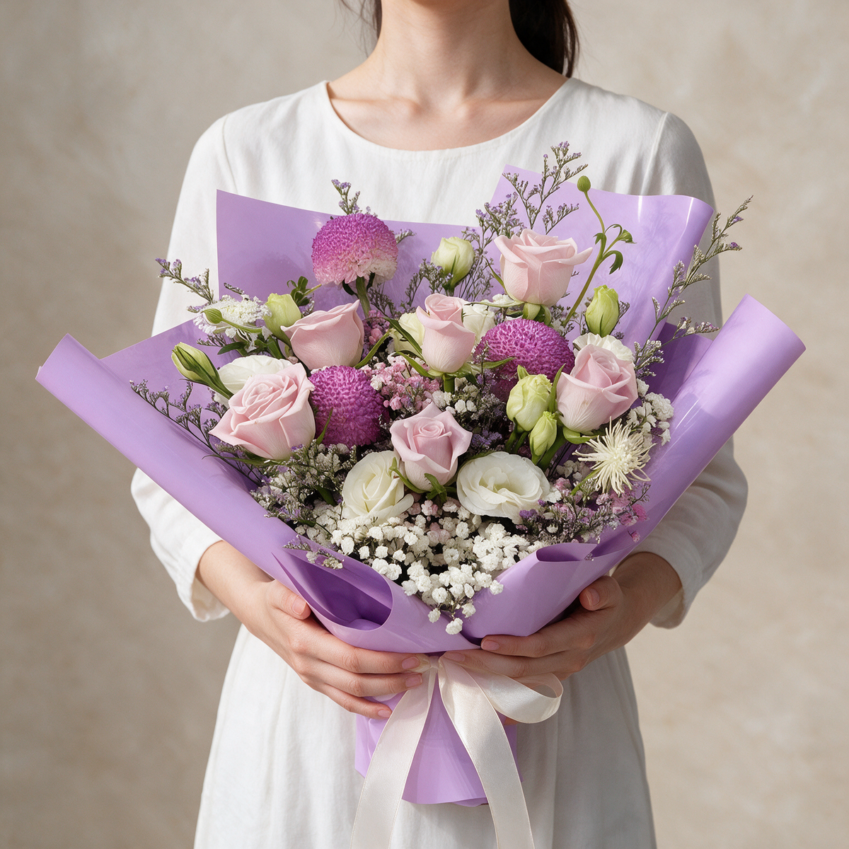 Woman holding the Enchanted fresh flower bouquet of pink roses