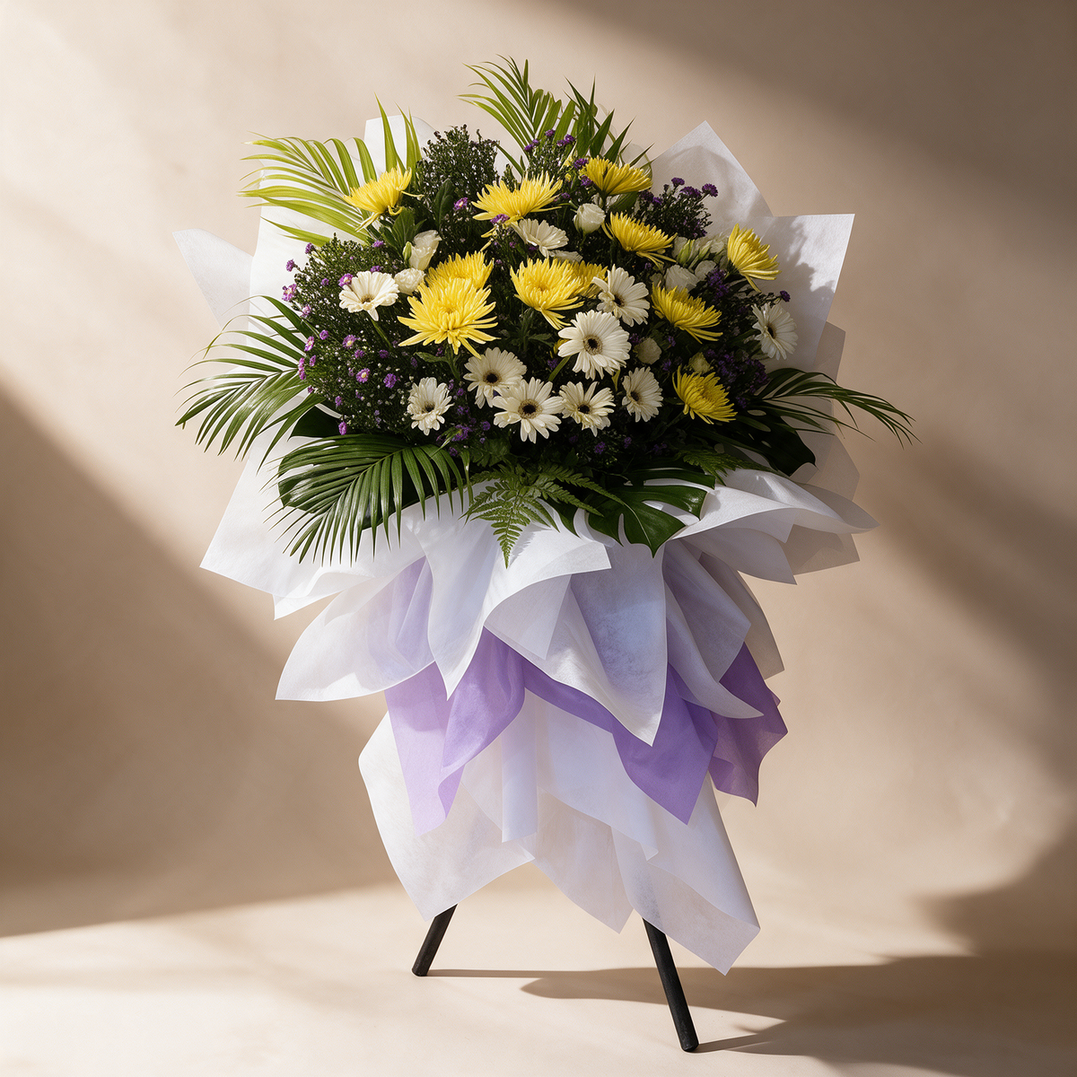 Side view of the Eternal Peace funeral flower stand of daisies and chrysanthemums