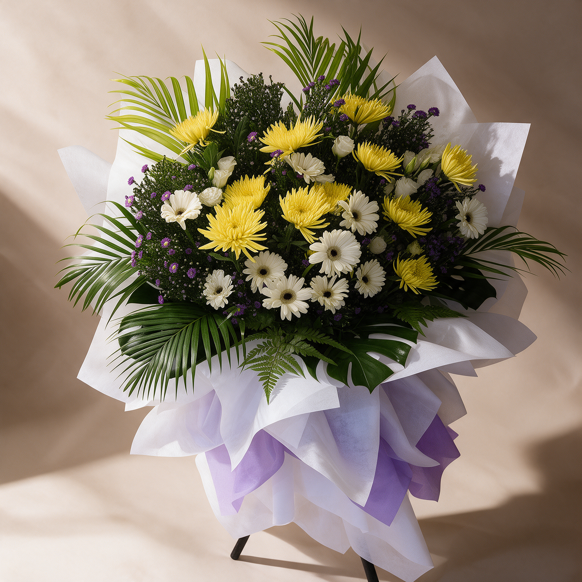 Close-up of the Eternal Peace condolence flower stand of white daisies and yellow chrysanthemums