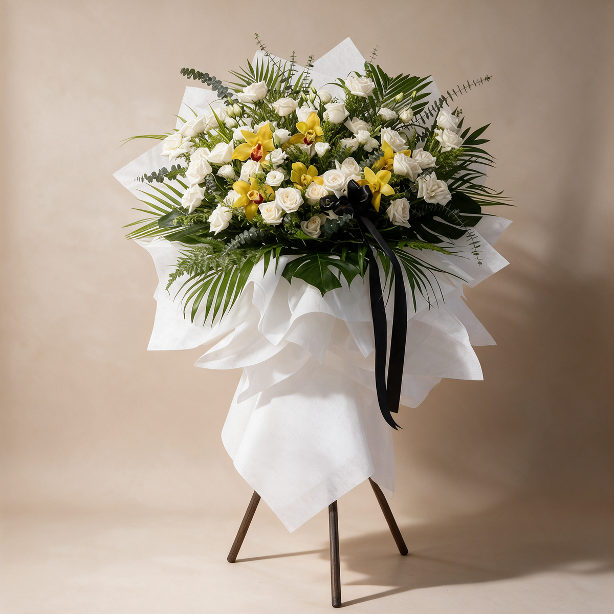 Everlasting condolence flower stand of white roses, eustoma and yellow cymbidium orchids