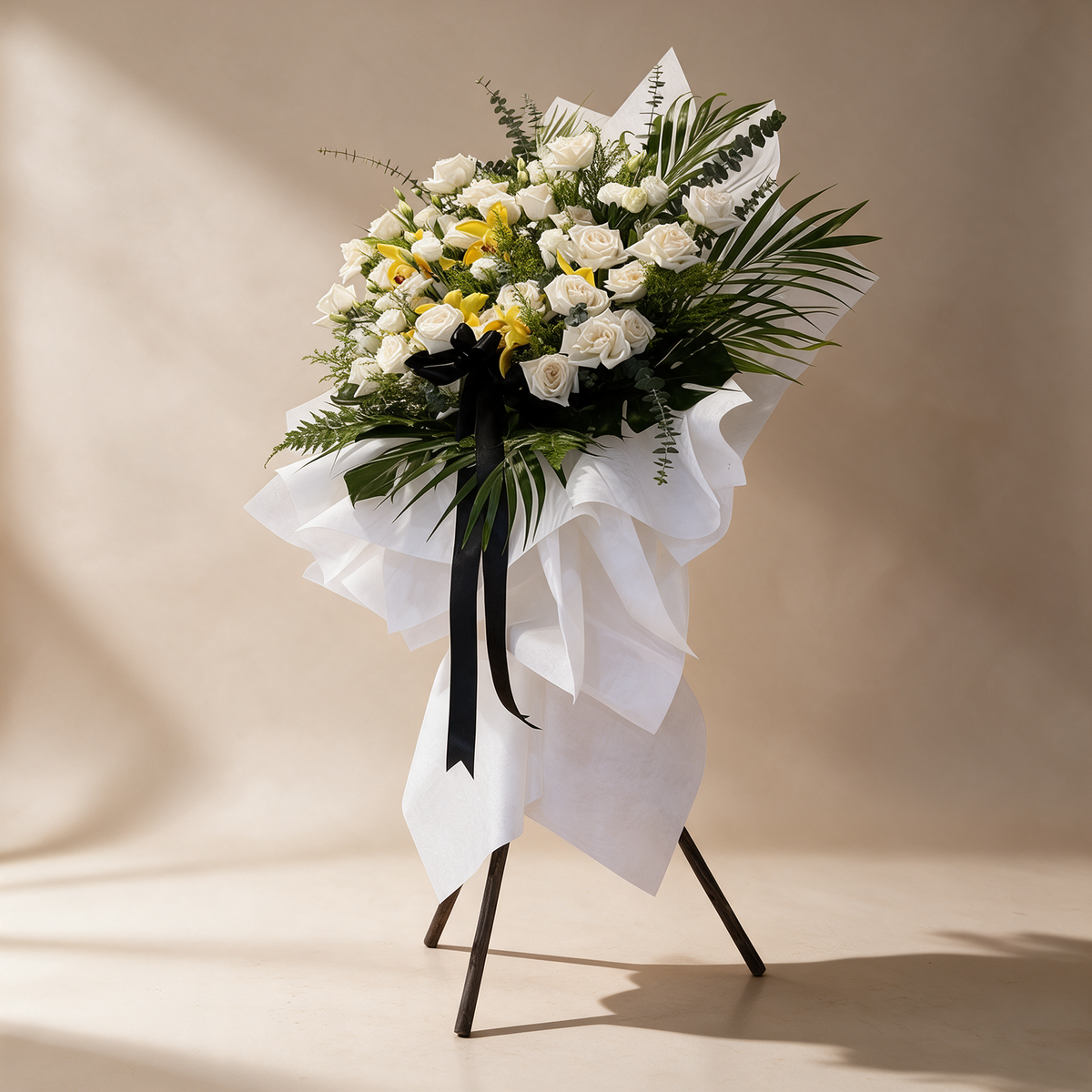 Side view of the Everlasting funeral flower stand of white roses and orchids