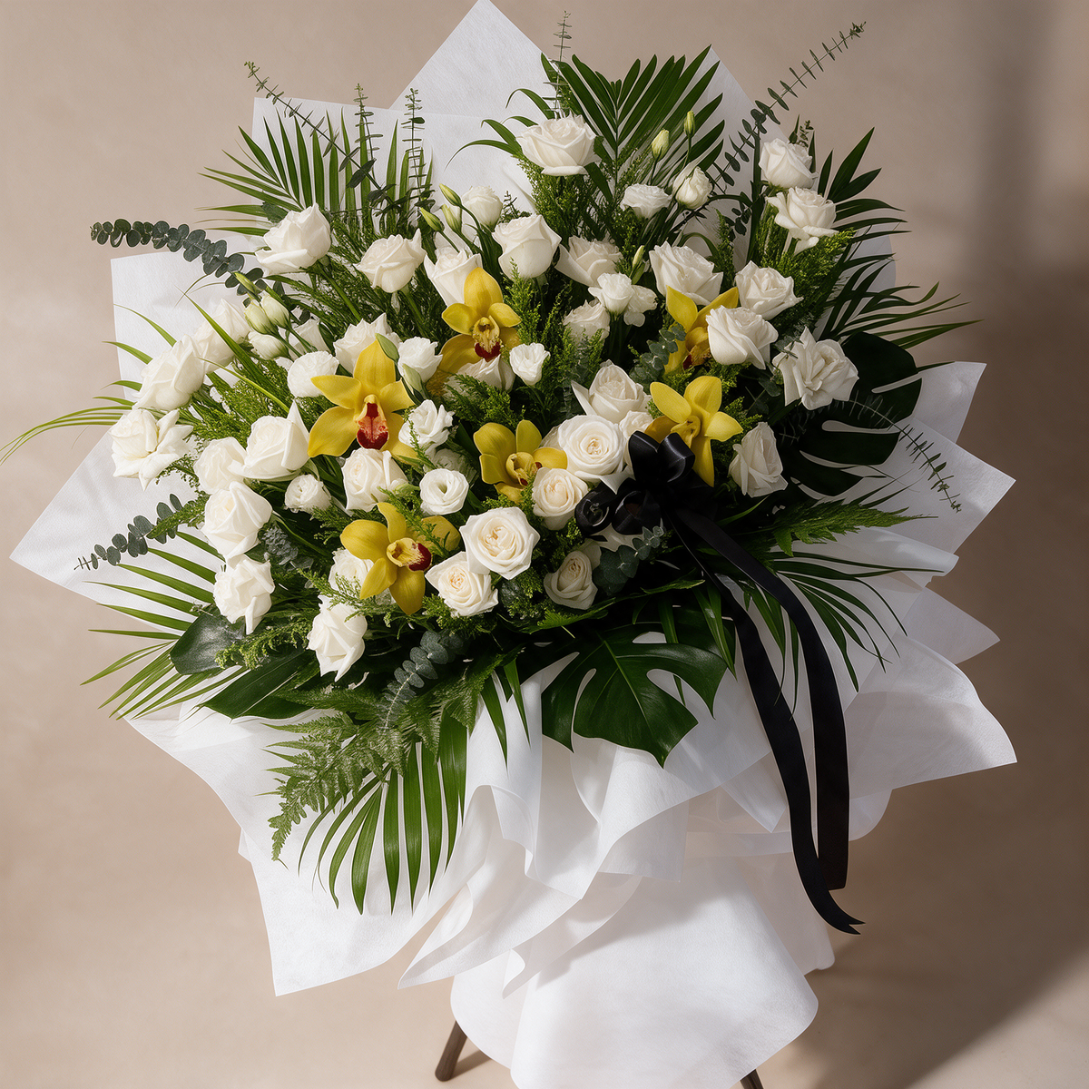 Close-up of the Everlasting condolence flower stand of white roses and yellow cymbidium orchids