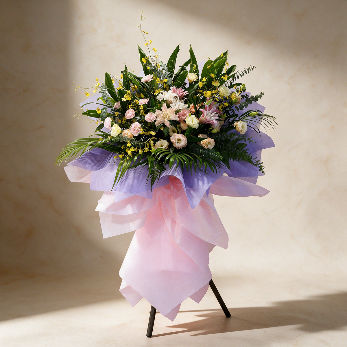 Flourish grand opening flower stand of pink and white rose lilies, carnations, eustoma and dancing lady orchids
