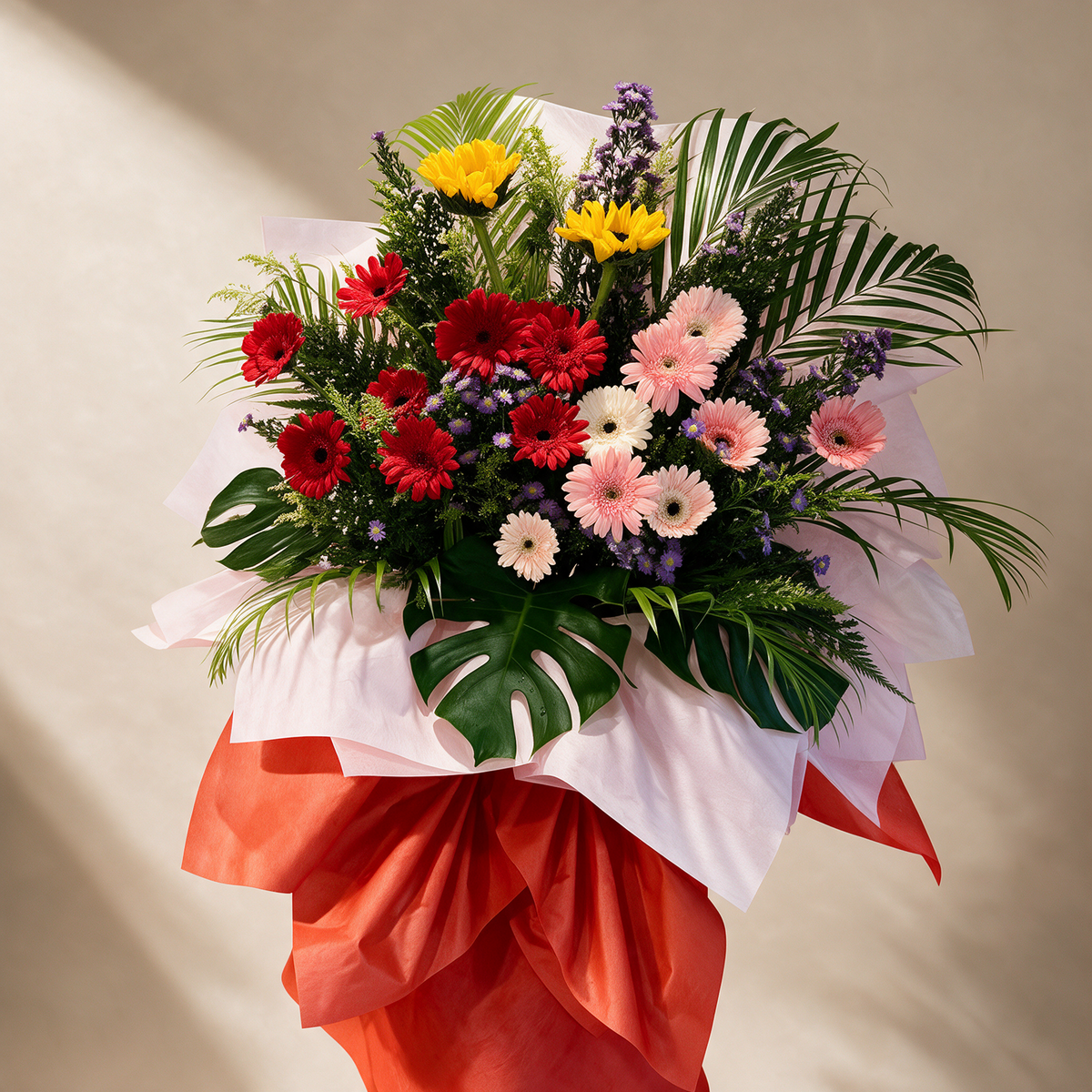 Close-up of the Fortune grand opening flower stand of gerberas and sunflowers
