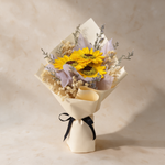 Glow soap flower bouquet of three sunflowers in cream wrap