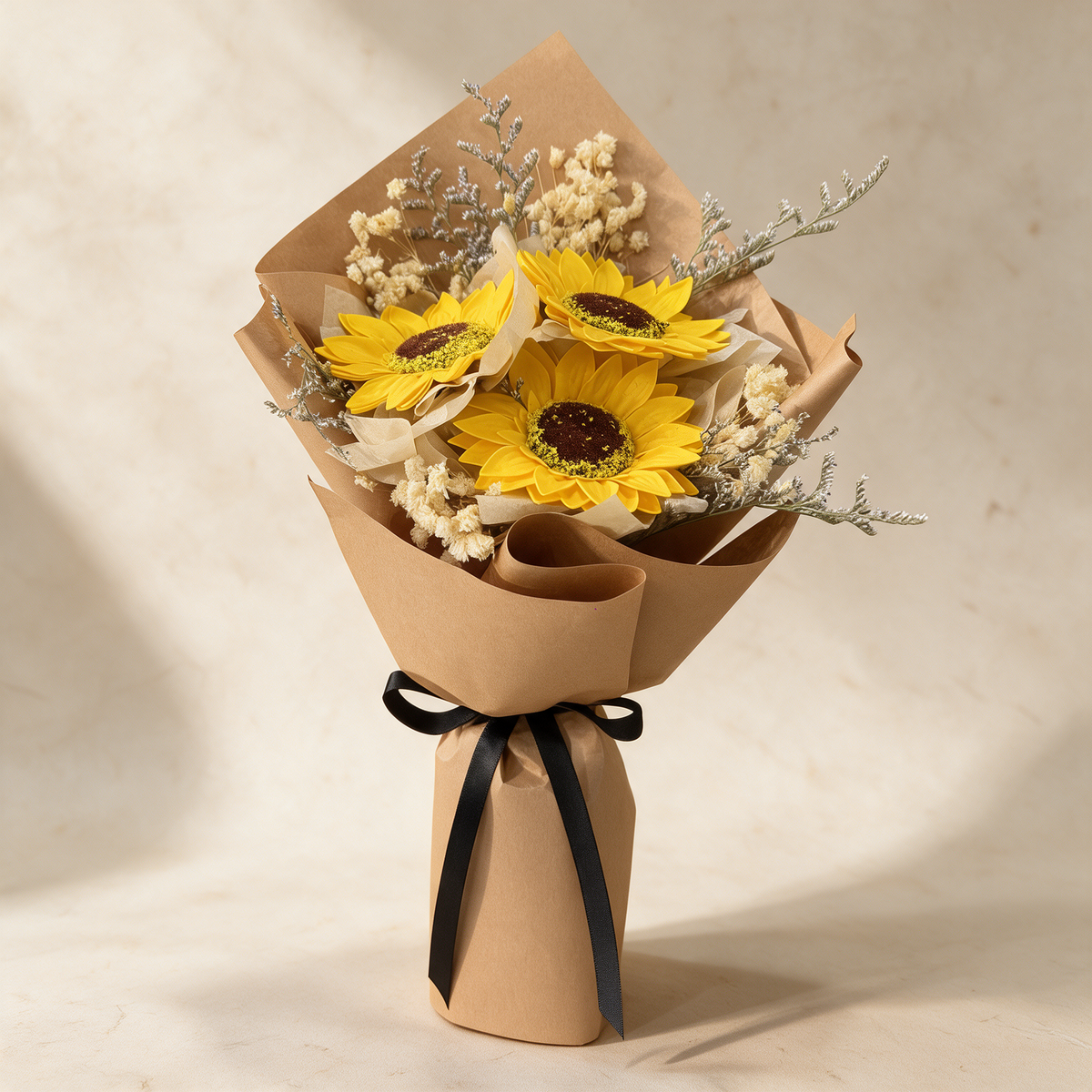 Glow soap flower bouquet of three sunflowers in kraft brown wrap