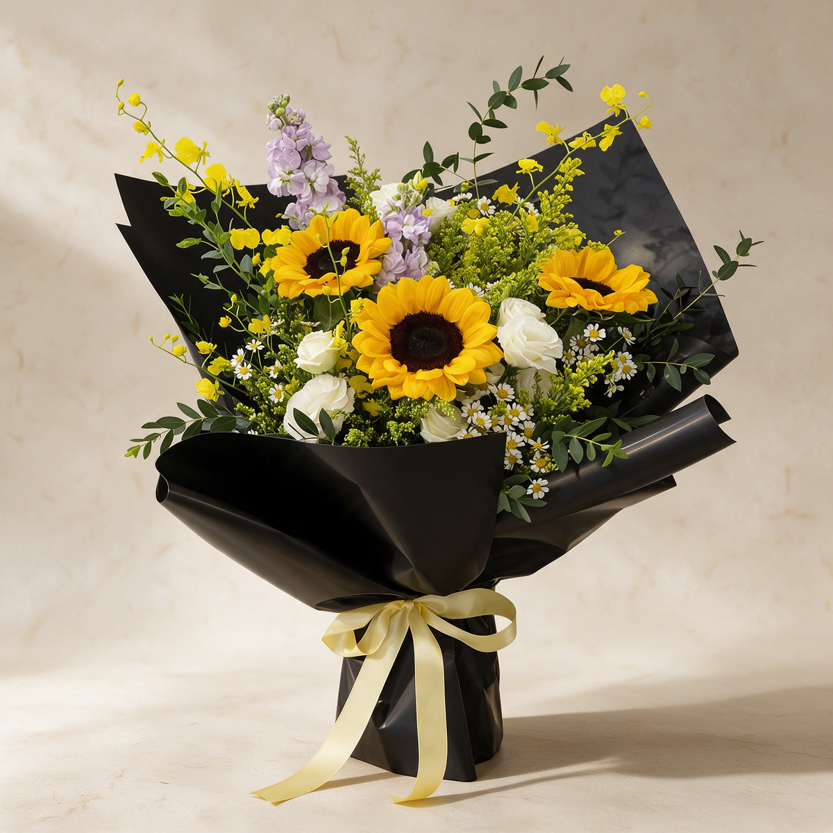 Golden Hour fresh flower bouquet of three sunflowers with dancing lady orchids, matthiola, eustoma and mini daisies