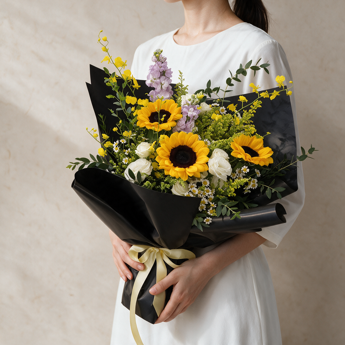 Woman holding the Golden Hour fresh flower bouquet of sunflowers