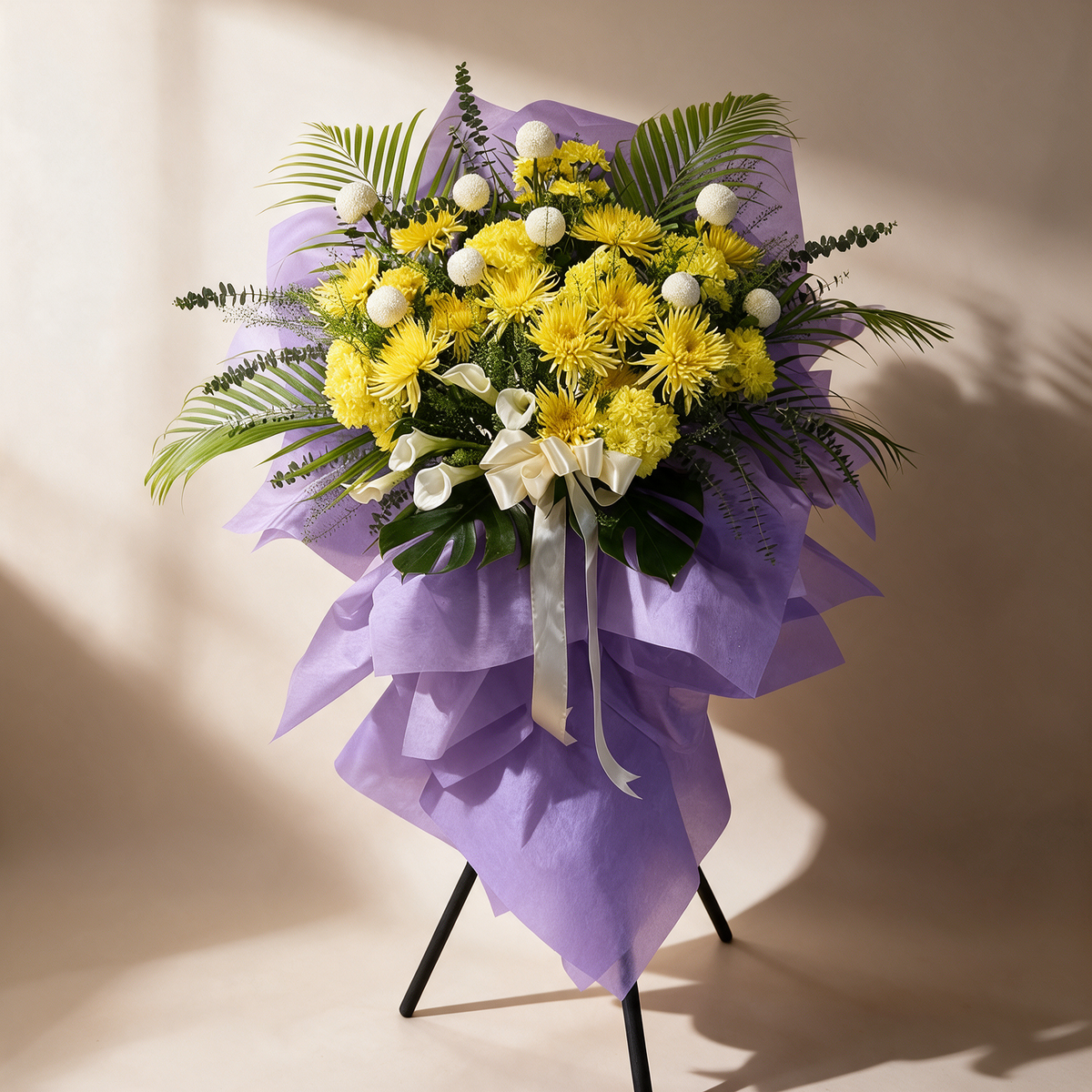 Grace condolence flower stand of yellow chrysanthemums, white ping pong chrysanthemums and calla lilies