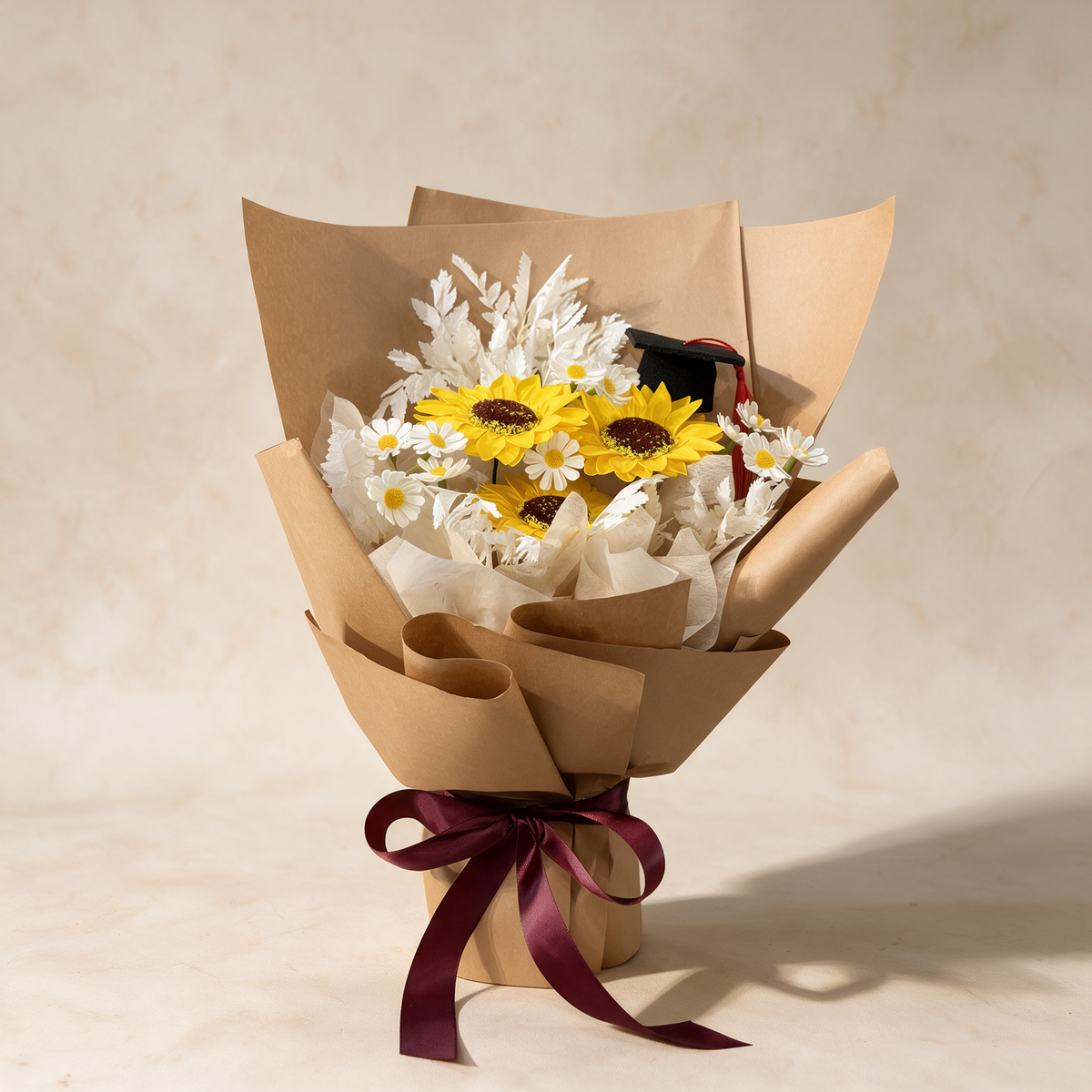 Hats Off soap flower bouquet of sunflowers and chamomile with a Convo Hat