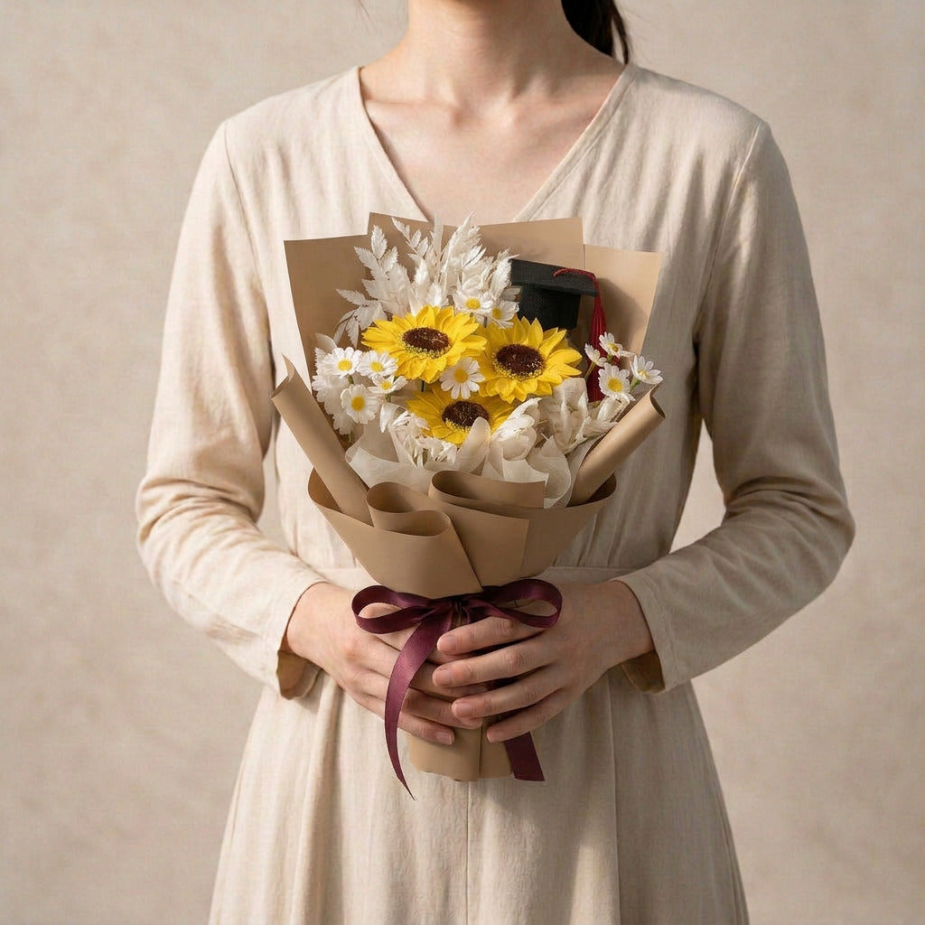 Woman holding the Hats Off soap flower graduation bouquet