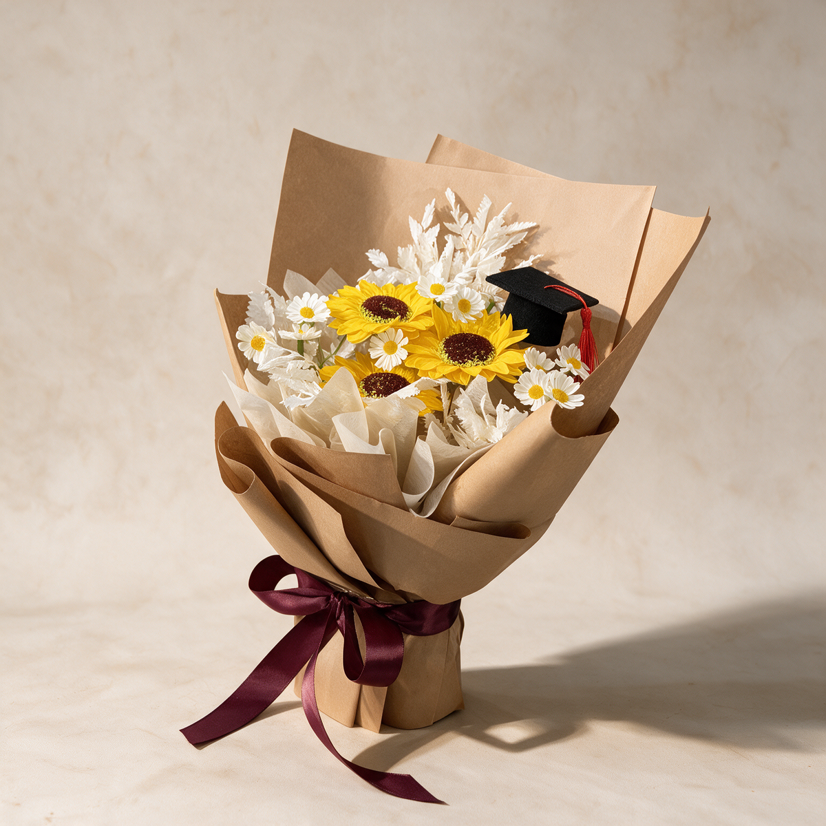 Side view of the Hats Off soap flower bouquet with a Convo Hat