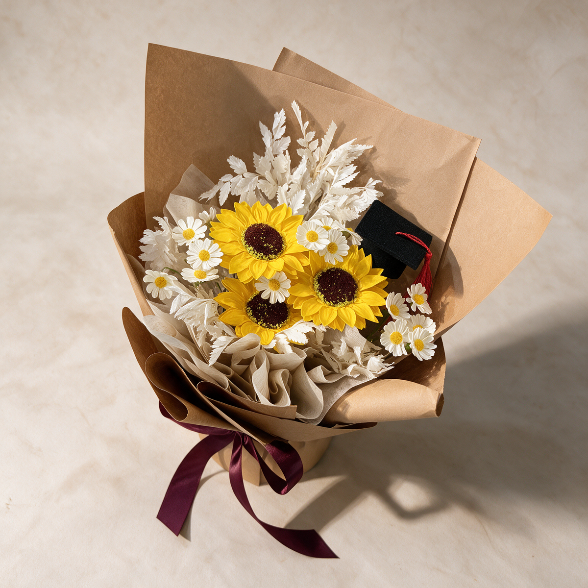 Top view of the Hats Off soap flower bouquet of sunflowers and chamomile