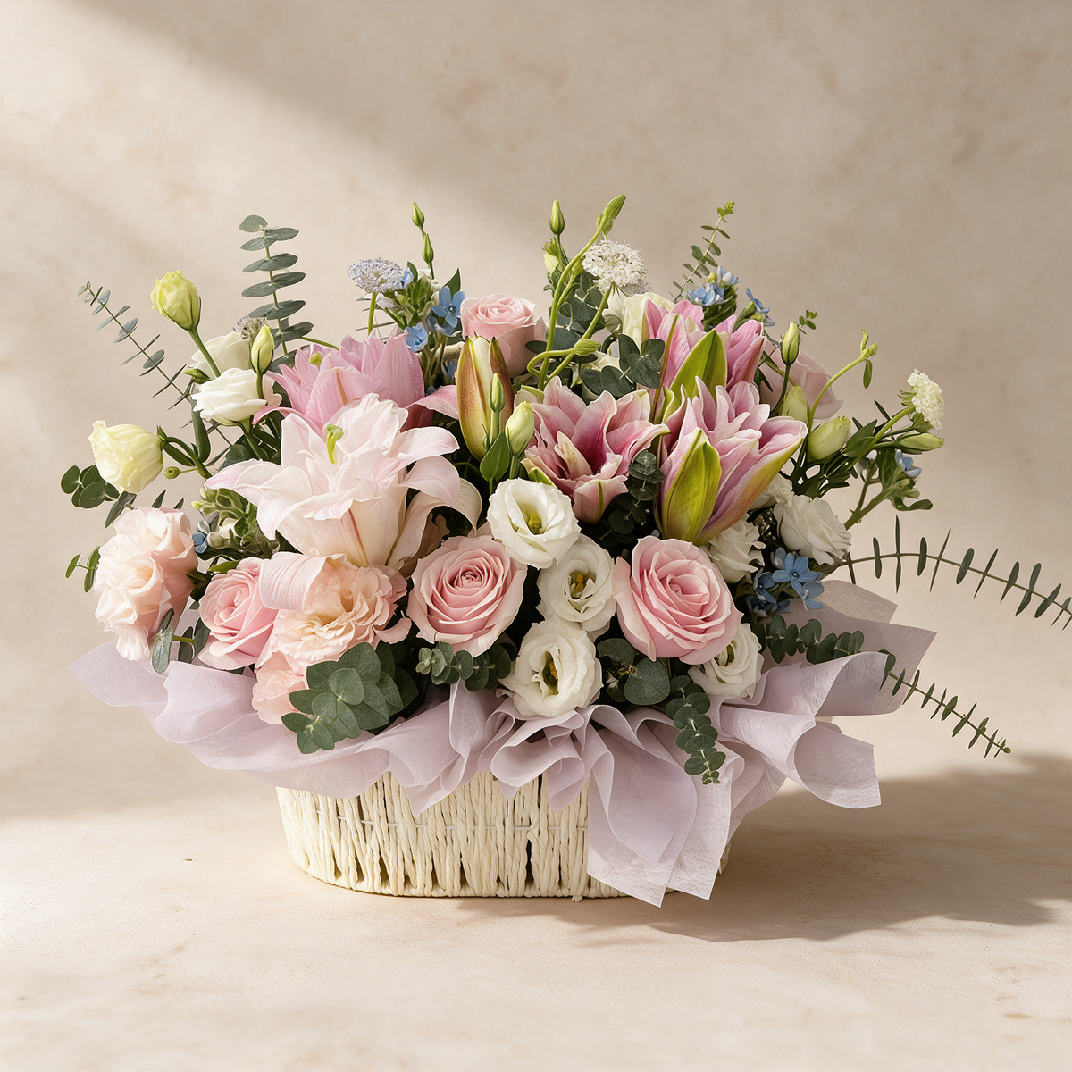 Heartfelt fresh flower basket of pink roses, lilies, white eustoma and blue oxypetalum